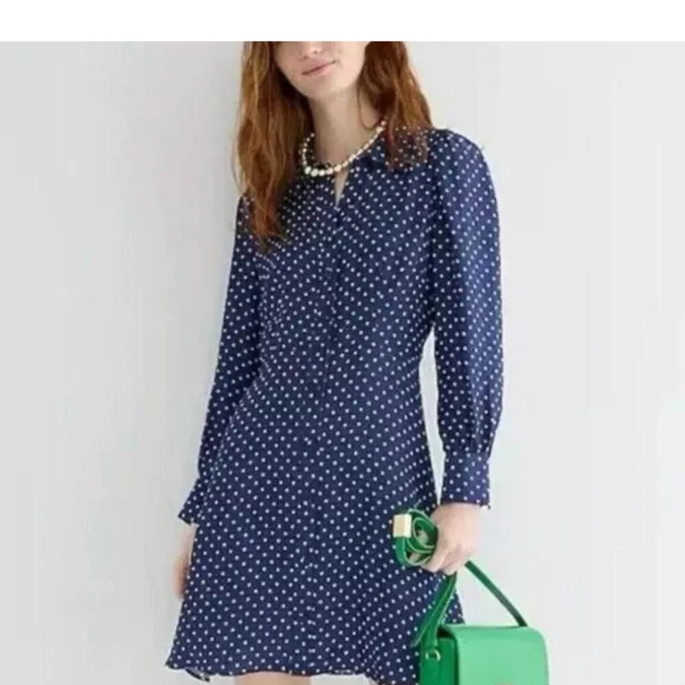 J. Crew Navy Cupro Shirtdress in Becklow Polka Dot Print Blue Buttons